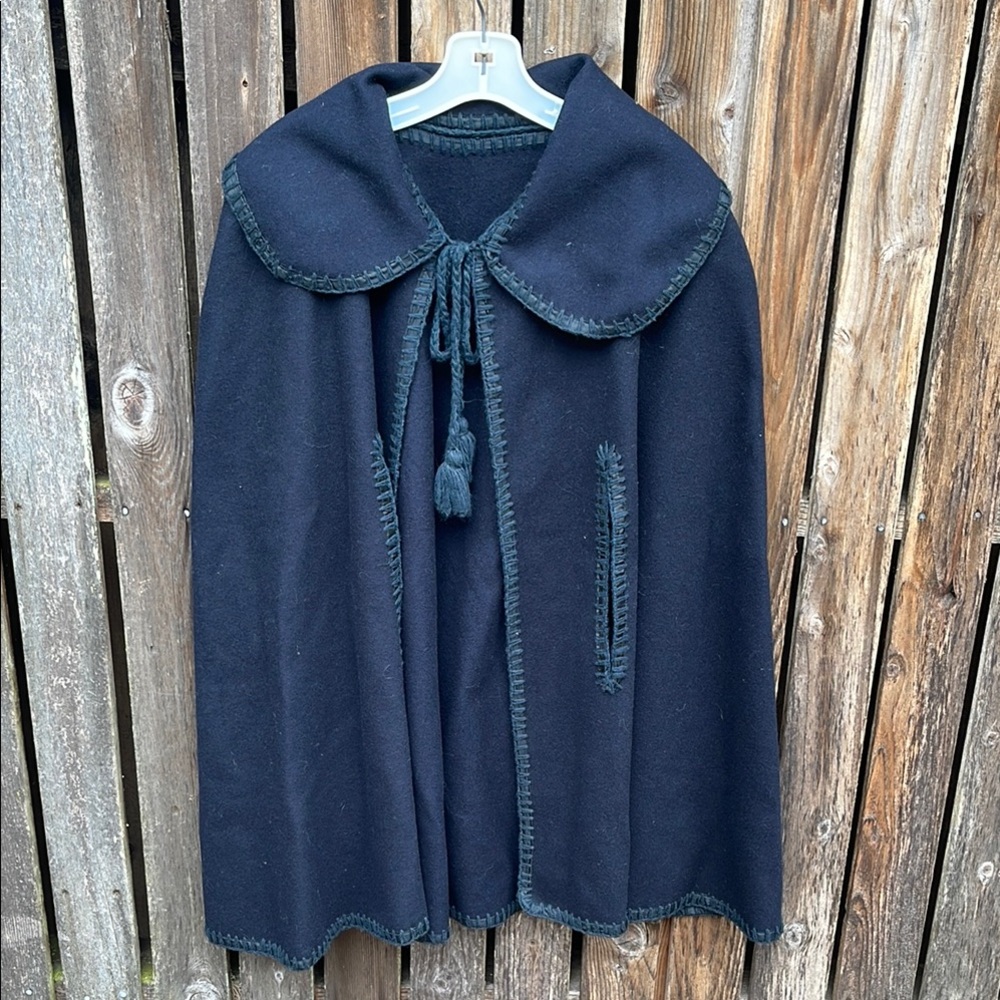 Navy Blue Felt Cape Tassel Blanket Stitch Edge Arm Holes Collar Cosplay Coat